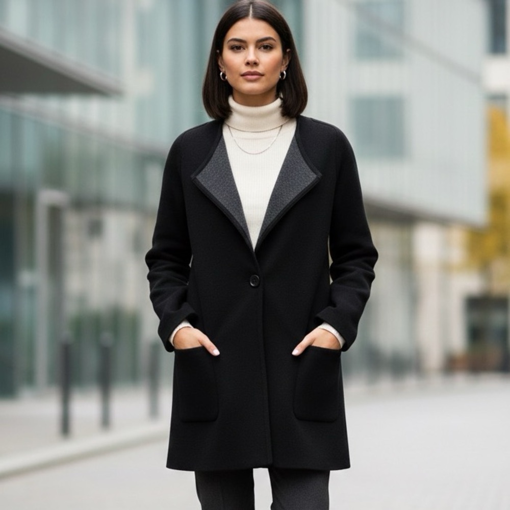 Catherine Malandrino Black Wool Blend 1-Button Contemporary Coatigan Size S